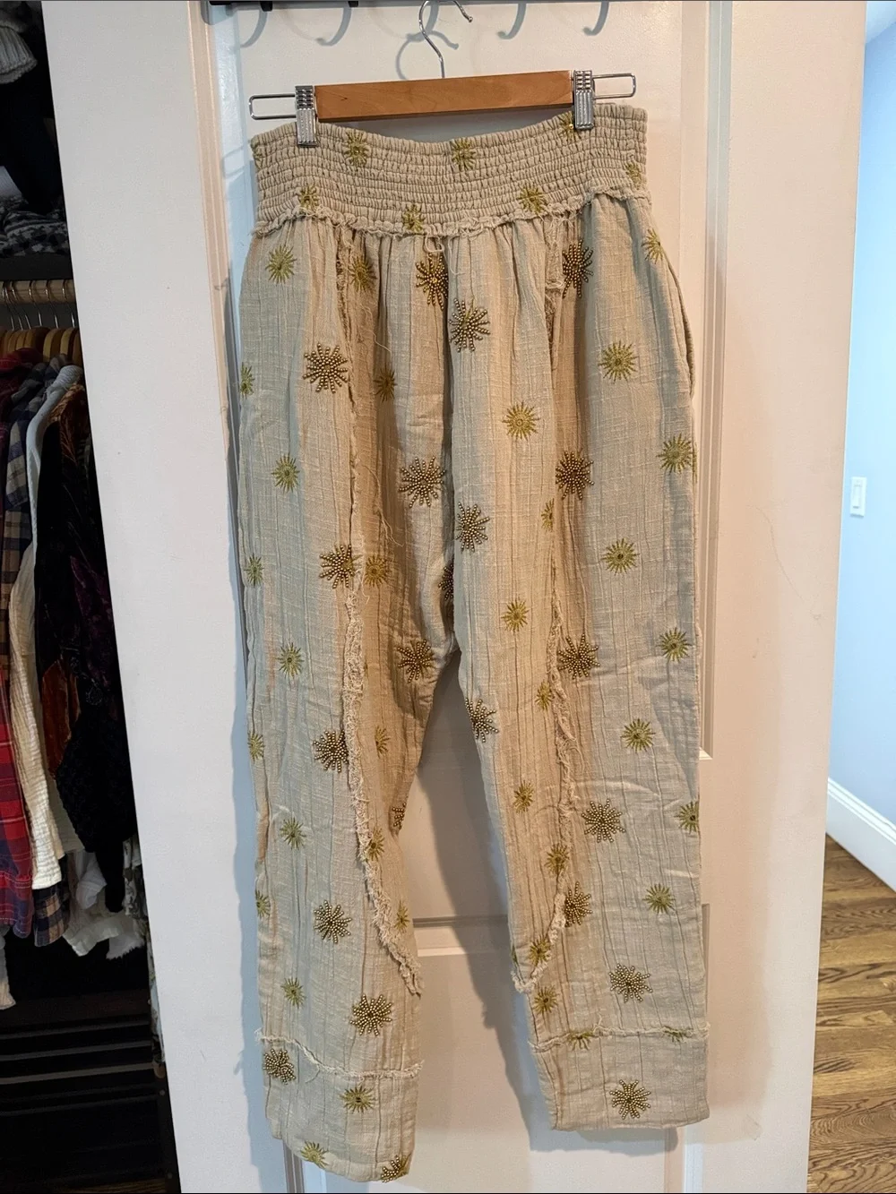 Free People Cream Embroidered Sunburst Harem Pants